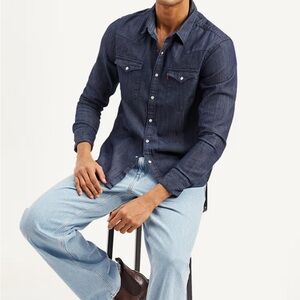 Levi's Men's Barstow Western Denim Pearl Snap Dark Blue Stonewash Shirt  XXL